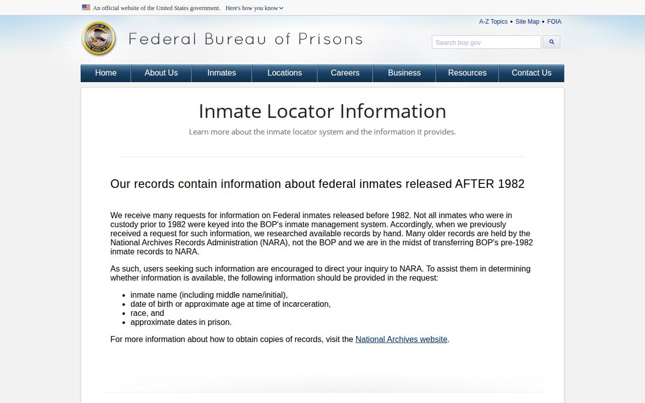 BOP about federal inmate records page showing released-status context