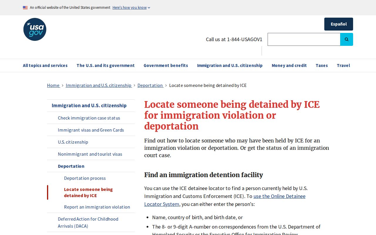 USA.gov detained by ICE guide showing detainee locator search requirements